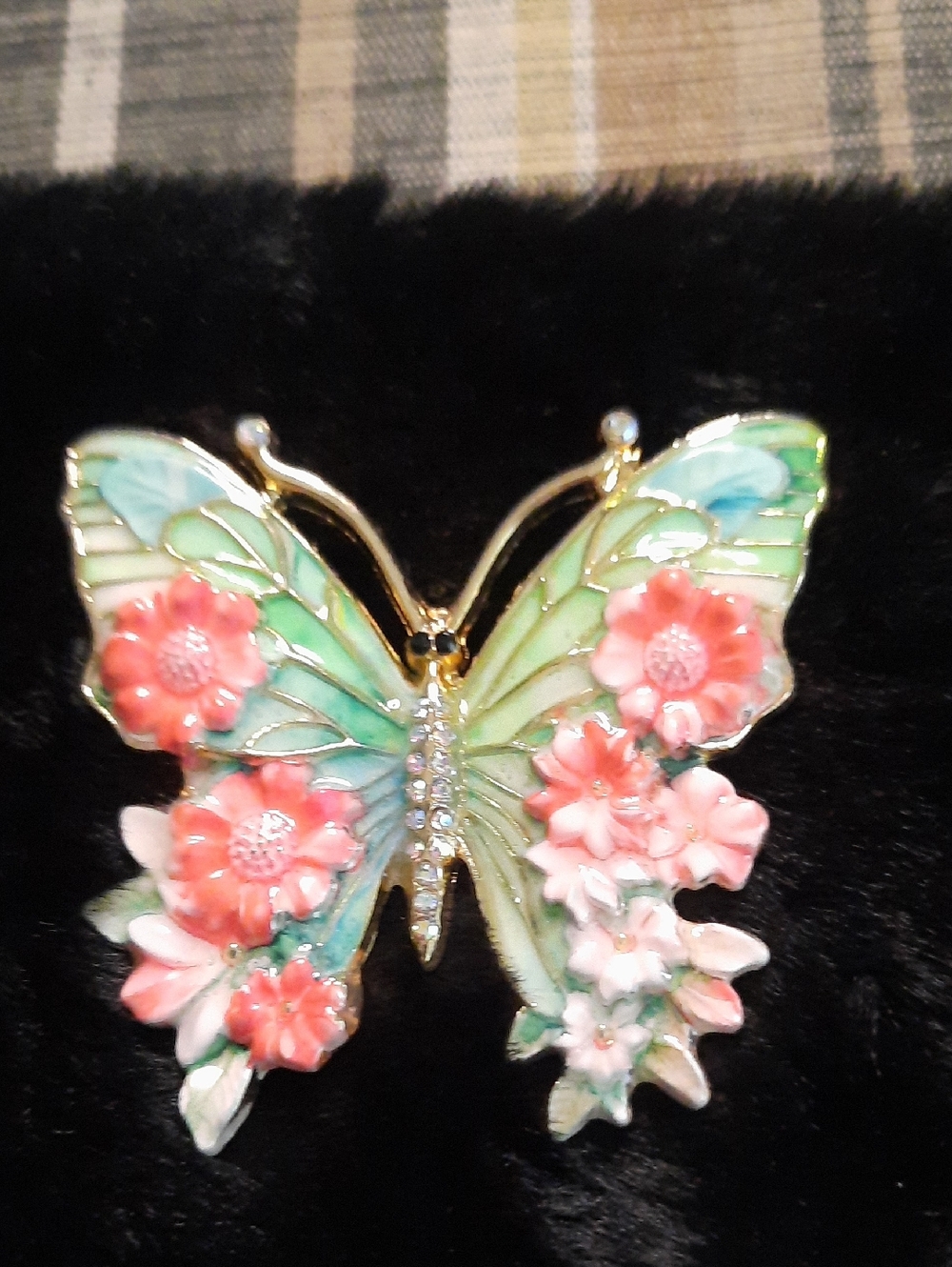 Floral Butterfly Enamel Pin Brooch in Mint Green and Coral